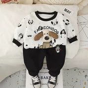Boy's Cotton Fleece Winter Dog Patch Sweatshirt With Joggers Pant Set - White