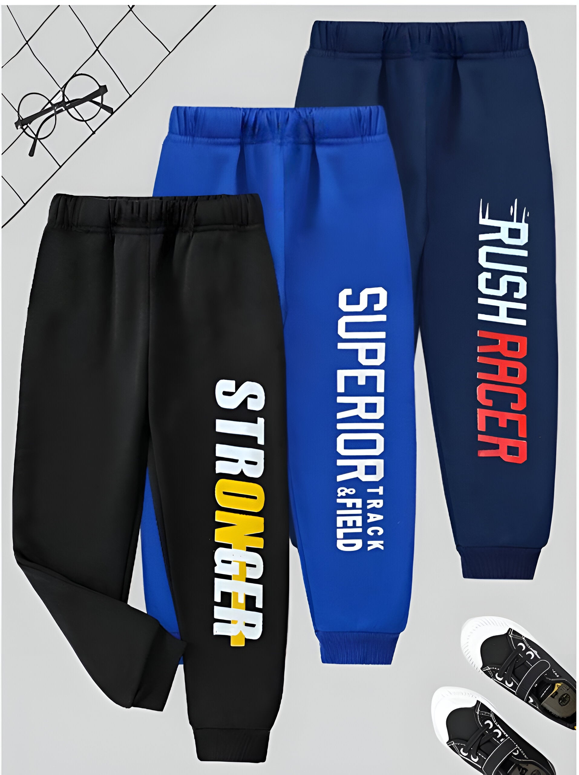 Boy's Cotton Knit Text Printed Joggers Set Pack of 3 - Black, Blue & Navy Blue