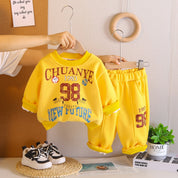 Boy's Cotton Text & Teddy Sweatshirt With Joggers Set - Yellow & Red