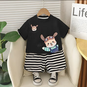 Boy's Cotton Dog Print T-Shirt & Shorts Set - Black