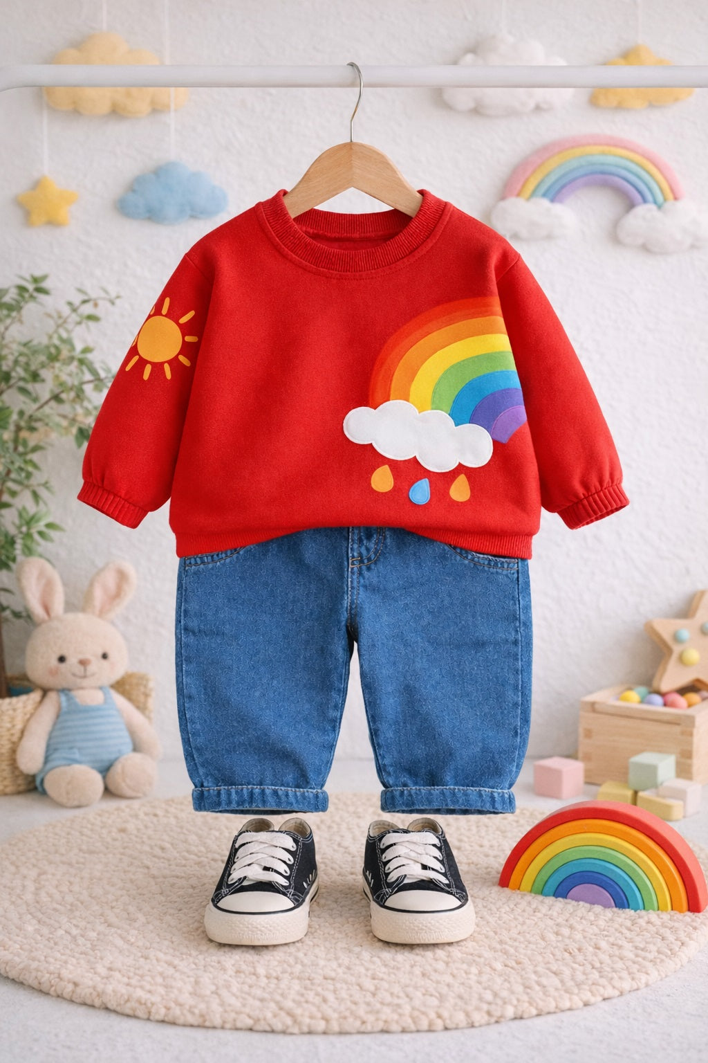 Boy's Light Winter Red Rainbow Print Sweatshirt & Pants Set