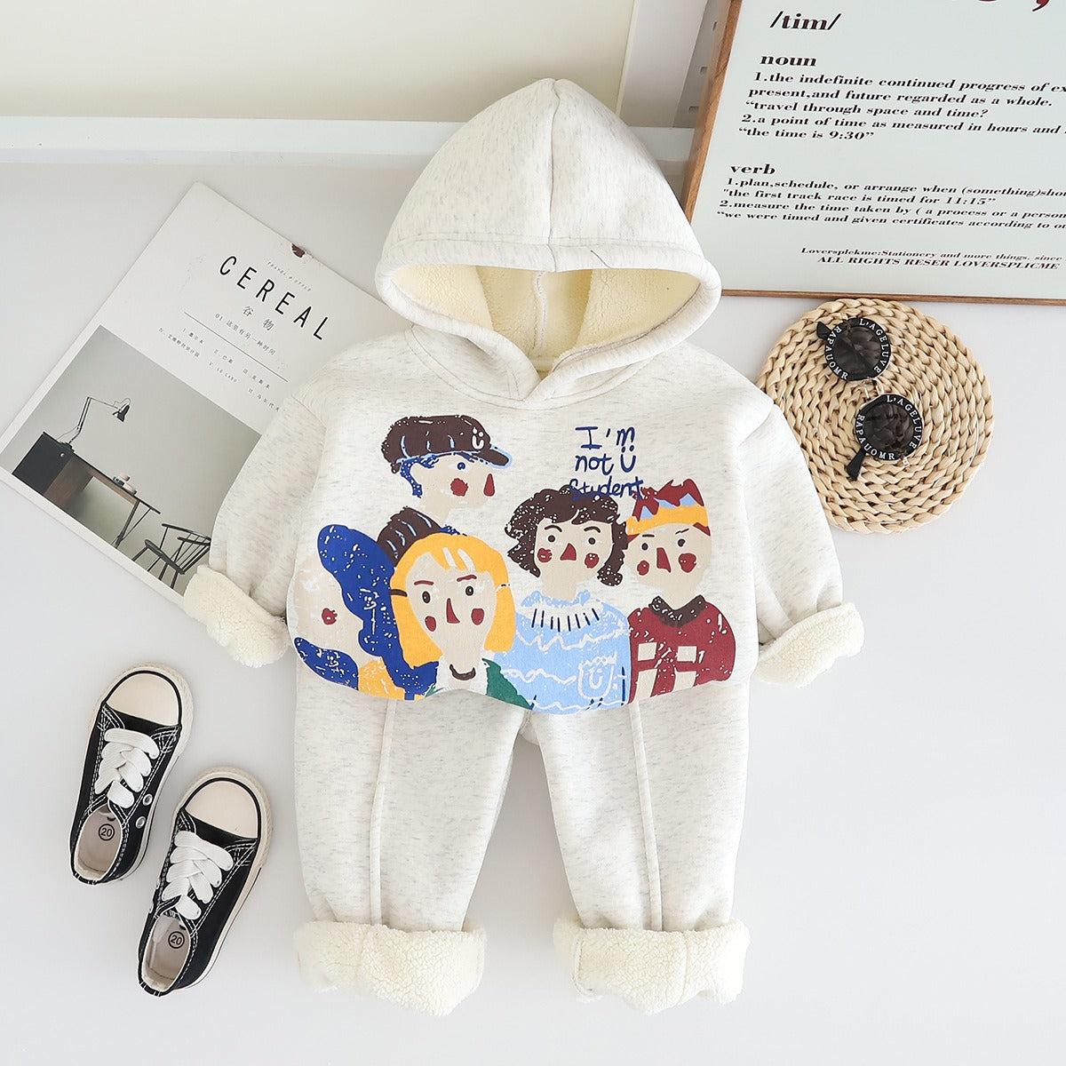 Boy's Cotton Fleece Winter Kids Printed Sweatshirt With Joggers Set - Cream