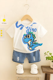 Boys Cotton Half Sleeves Tee & Shorts Set Pack of 2  - Urban Black & Super Dino