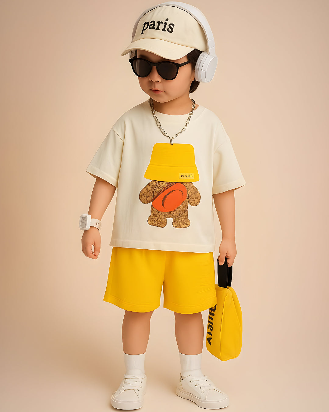 Yellow Bear-Shorts with Cream T-shirt