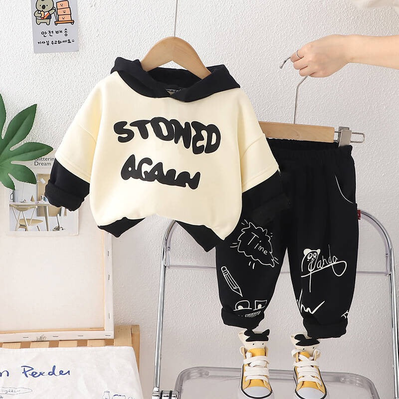 Boy's Cotton Bunny & Text Printed Sweatshirt With Joggers Set - Cream & Red