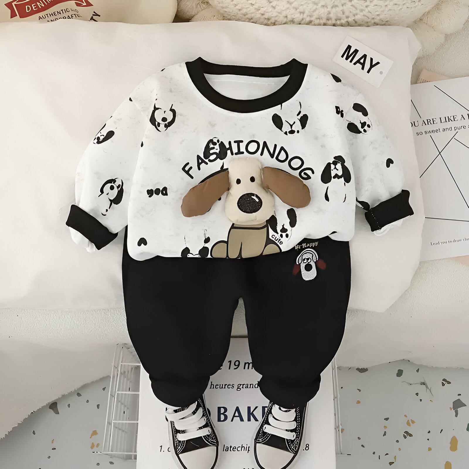 Boy's Cotton Dino & Dog Patch Sweatshirt With Joggers Set - White