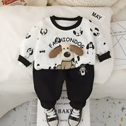 Boy's Cotton Dino & Dog Patch Sweatshirt With Joggers Set - White