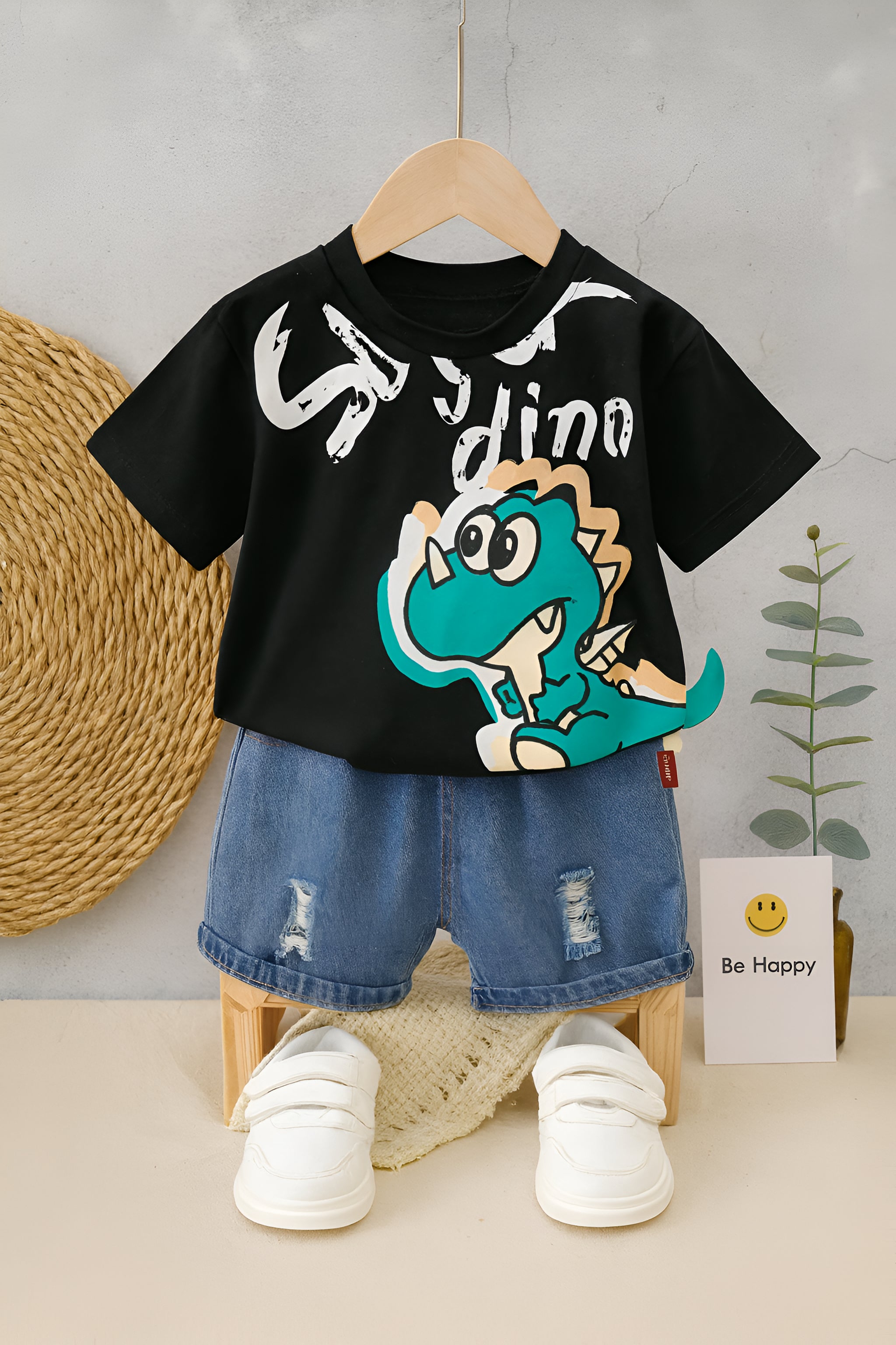 Boys Cotton Half Sleeves Tee & Shorts Set Pack of 2  - Black Super Dino & White Tractor