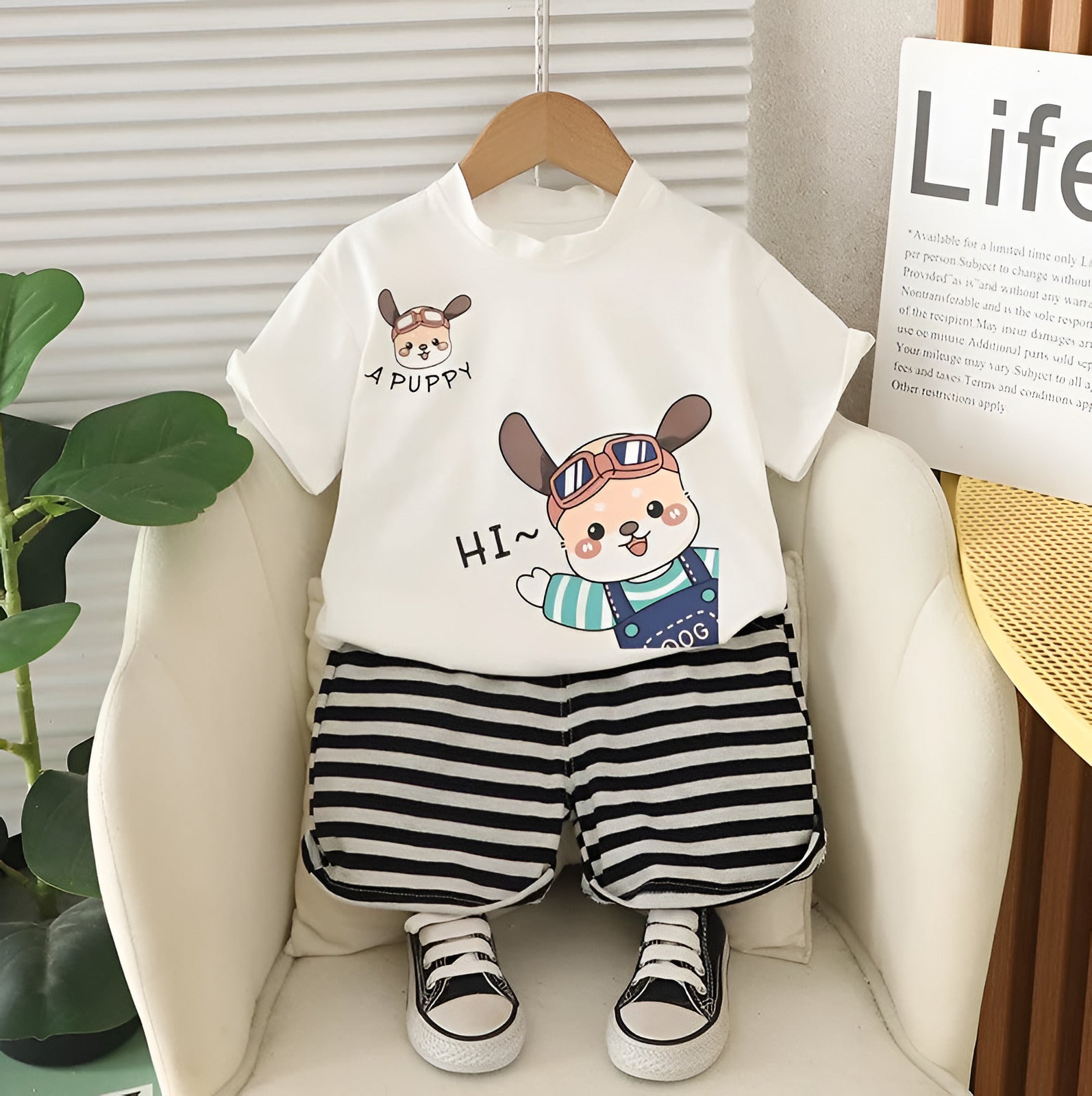Boy's Cotton Dog Print T-Shirt & Shorts Set - White