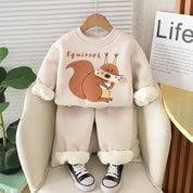 Boy's Cotton Fleece Winter Squirrel Printed Sweatshirt With Joggers Set - Cream