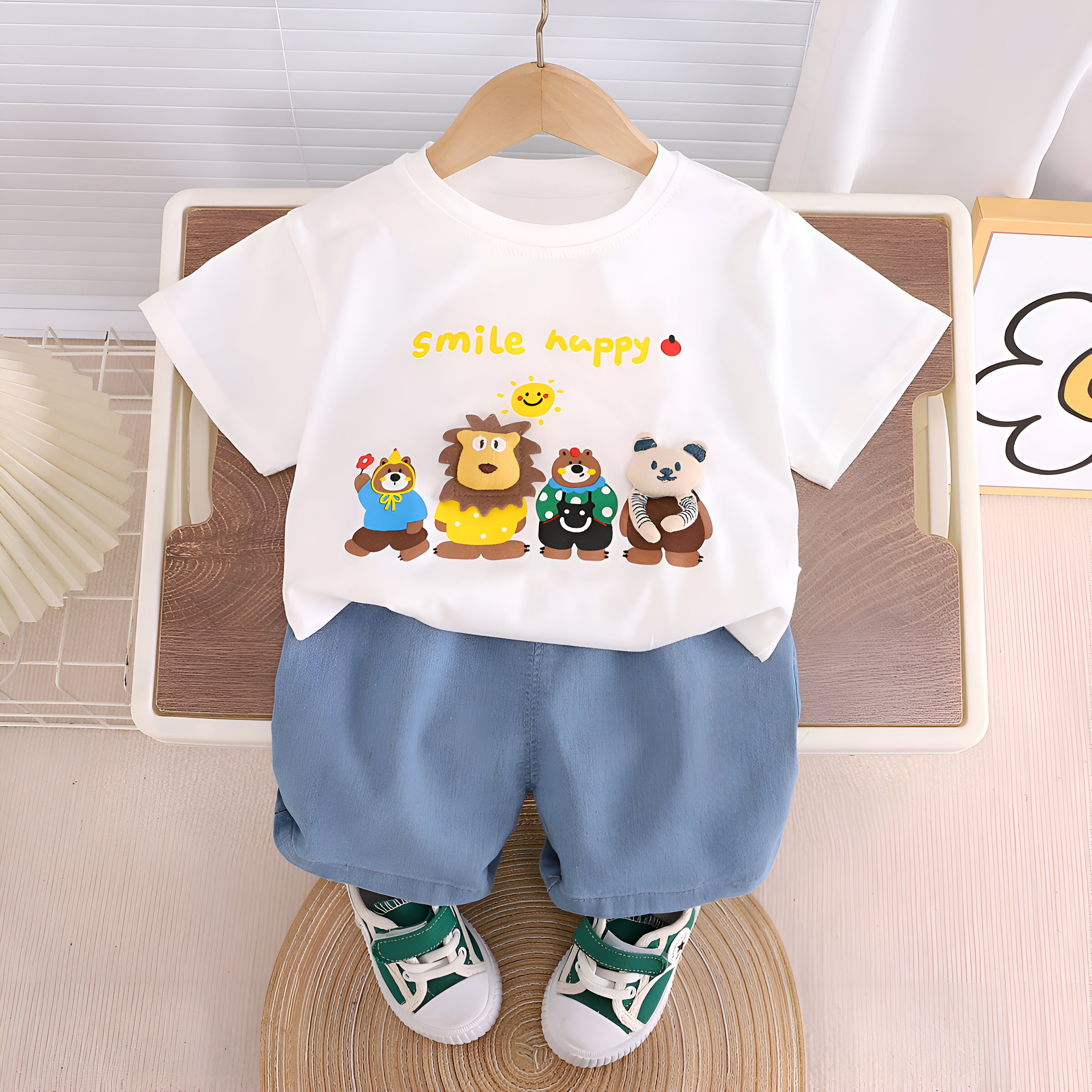 Boys Cotton Half Sleeves Tee & Shorts Set Pack of 2  - Orange Yellow & Happy Animal