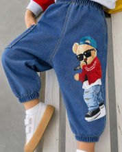 Boy's Cotton Denim Teddy Printed Pants - Blue