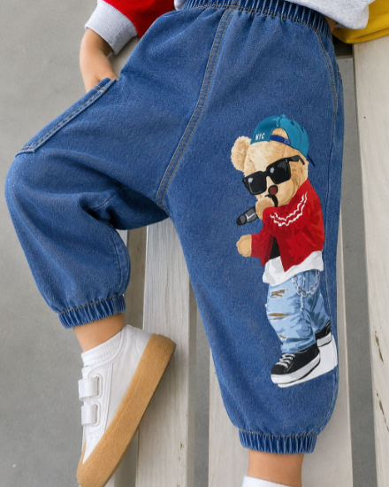 Boy's Cotton Denim Teddy Printed Pants - Blue