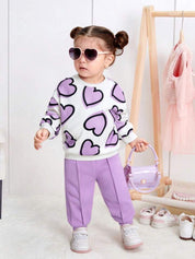Girl's Cotton Knit Light Winter All Over Heart Printed Sweatshirt With Joggers Pant Set - Lilac