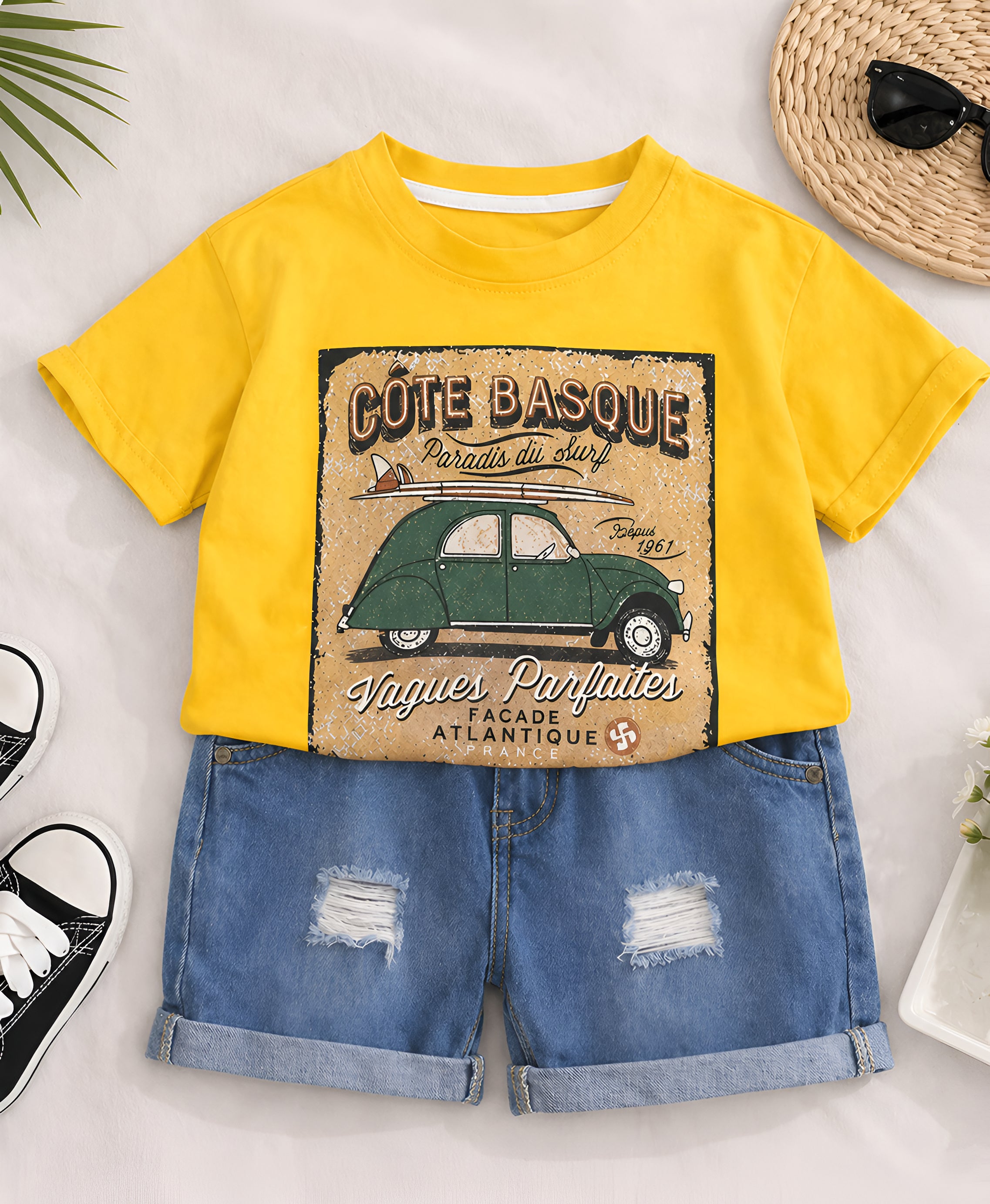 Googo Gaaga Boy's Cotton Car Print T-Shirt & Shorts Set - Yellow