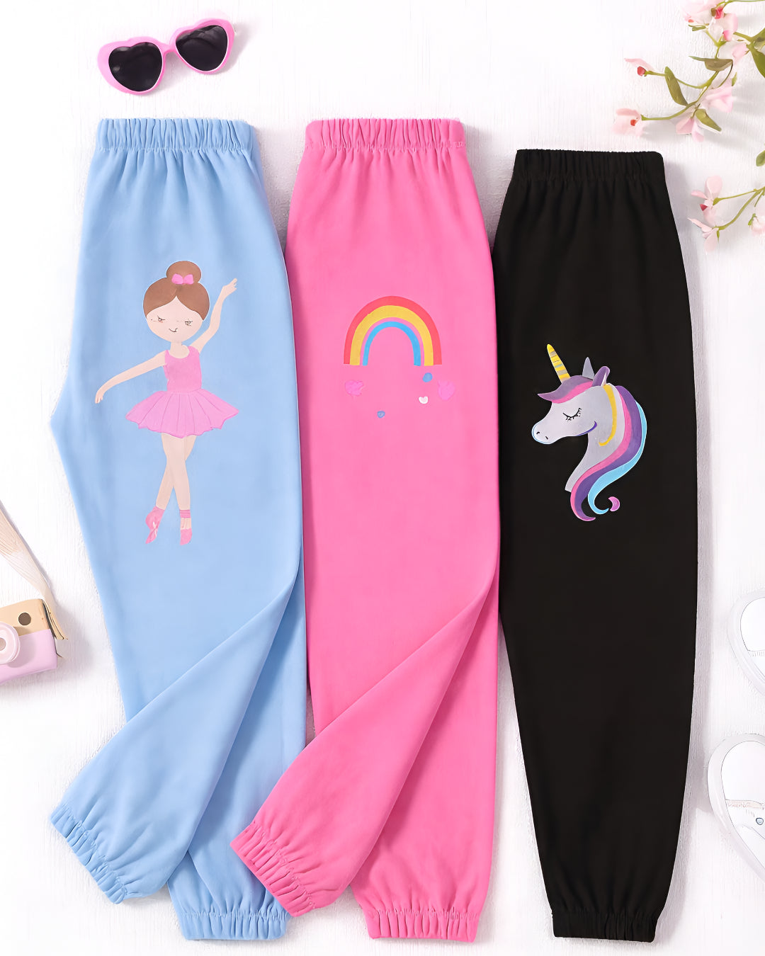 Girl's 3-Pack Pink, Blue and Black Unicorn Joggers