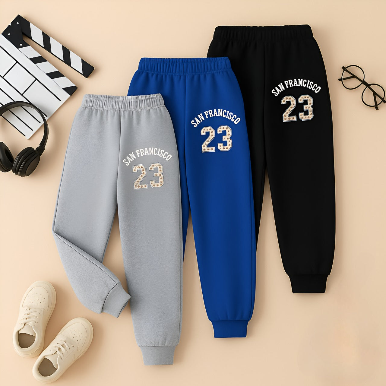 Boy's Cotton Knit Dino Printed Joggers Set Pack of 3 - Blue, Grey & Black