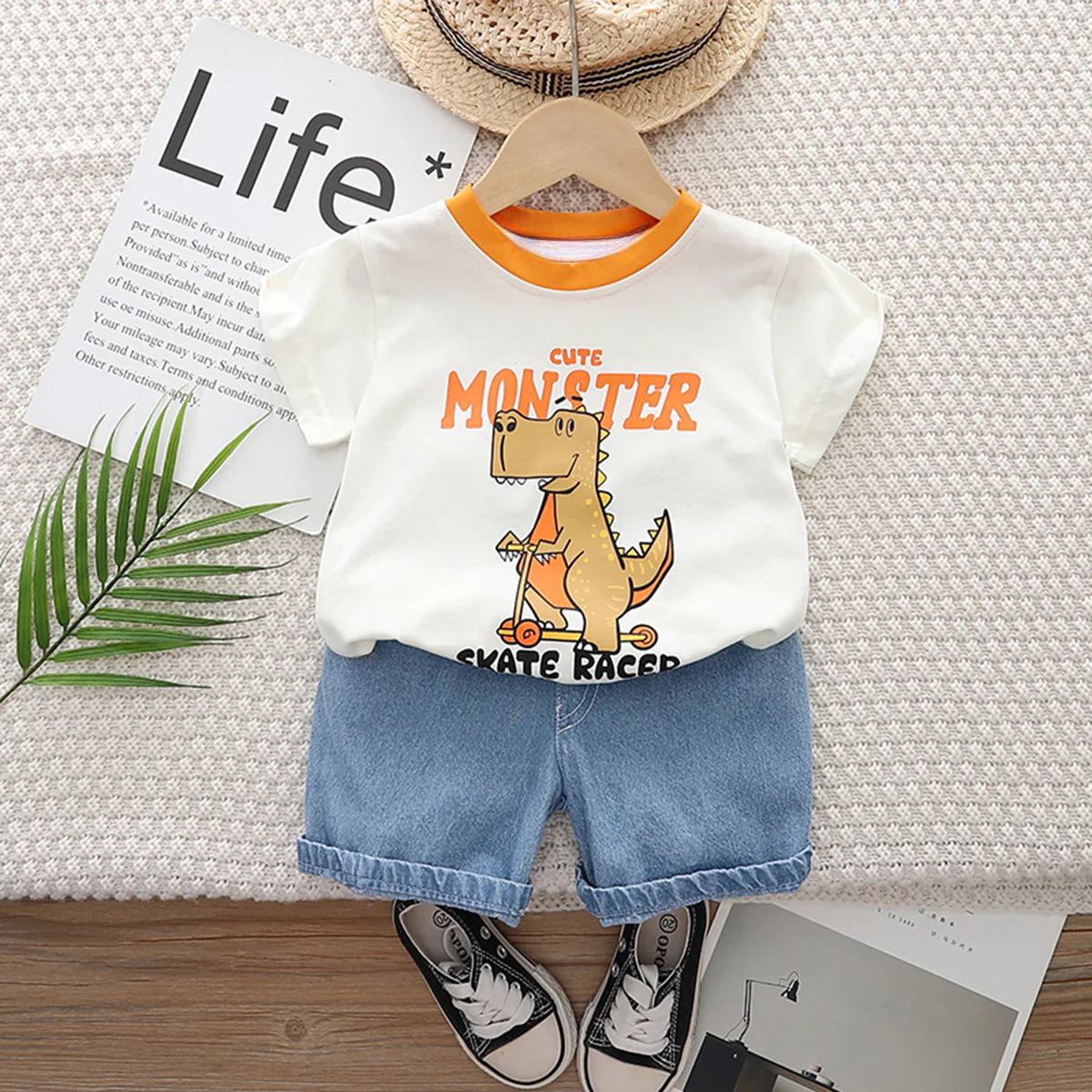 Boy's White Monster Print T-Shirt & Shorts Set