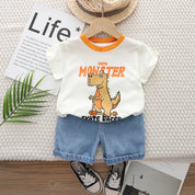 Boy's White Monster Print T-Shirt & Shorts Set