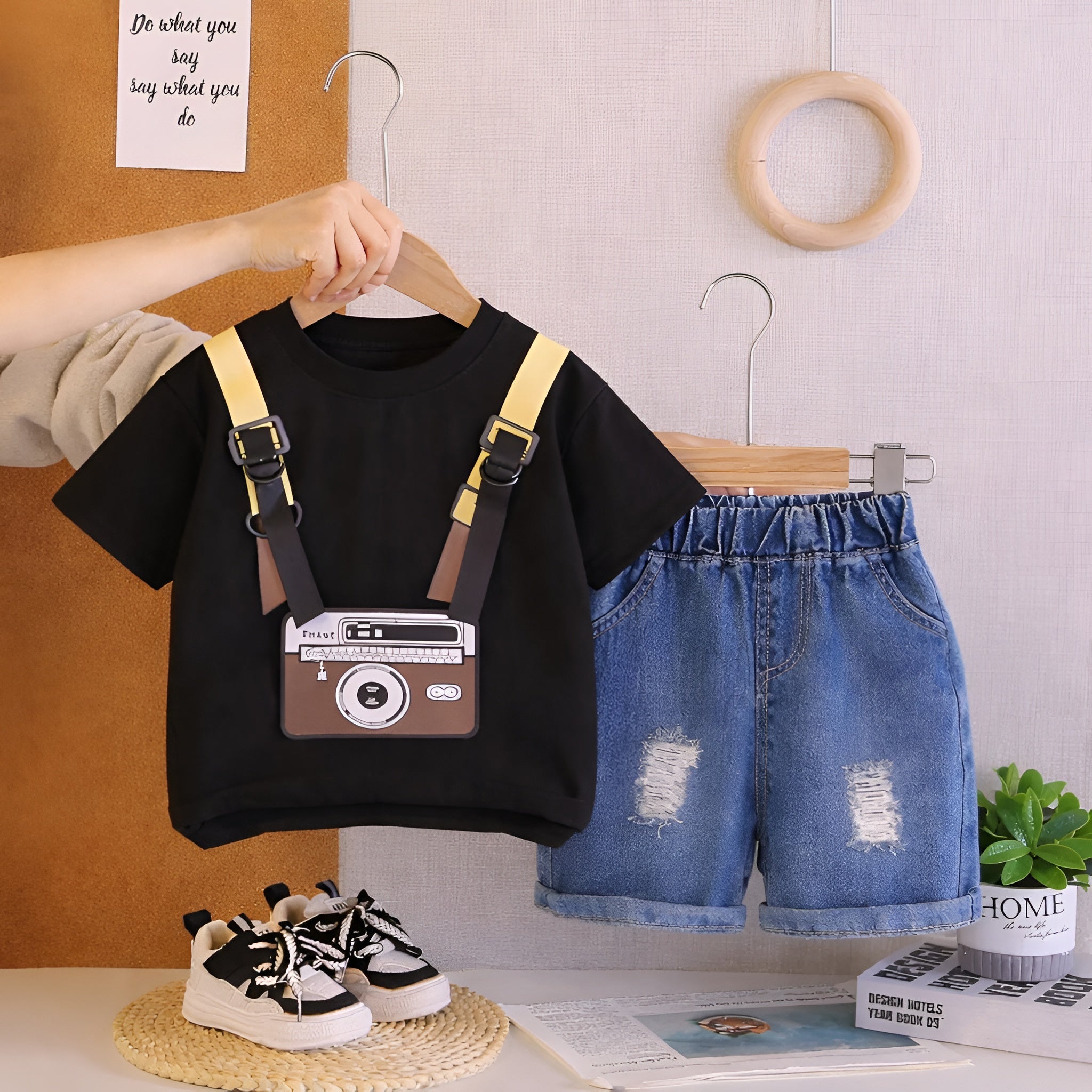 Googo Gaaga Boy's Cotton Camera Print T-Shirt & Shorts Set - Black