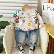 Boy's Cotton Fleece Winter All Over Print Sweatshirt With Denim Pant Set - Cream