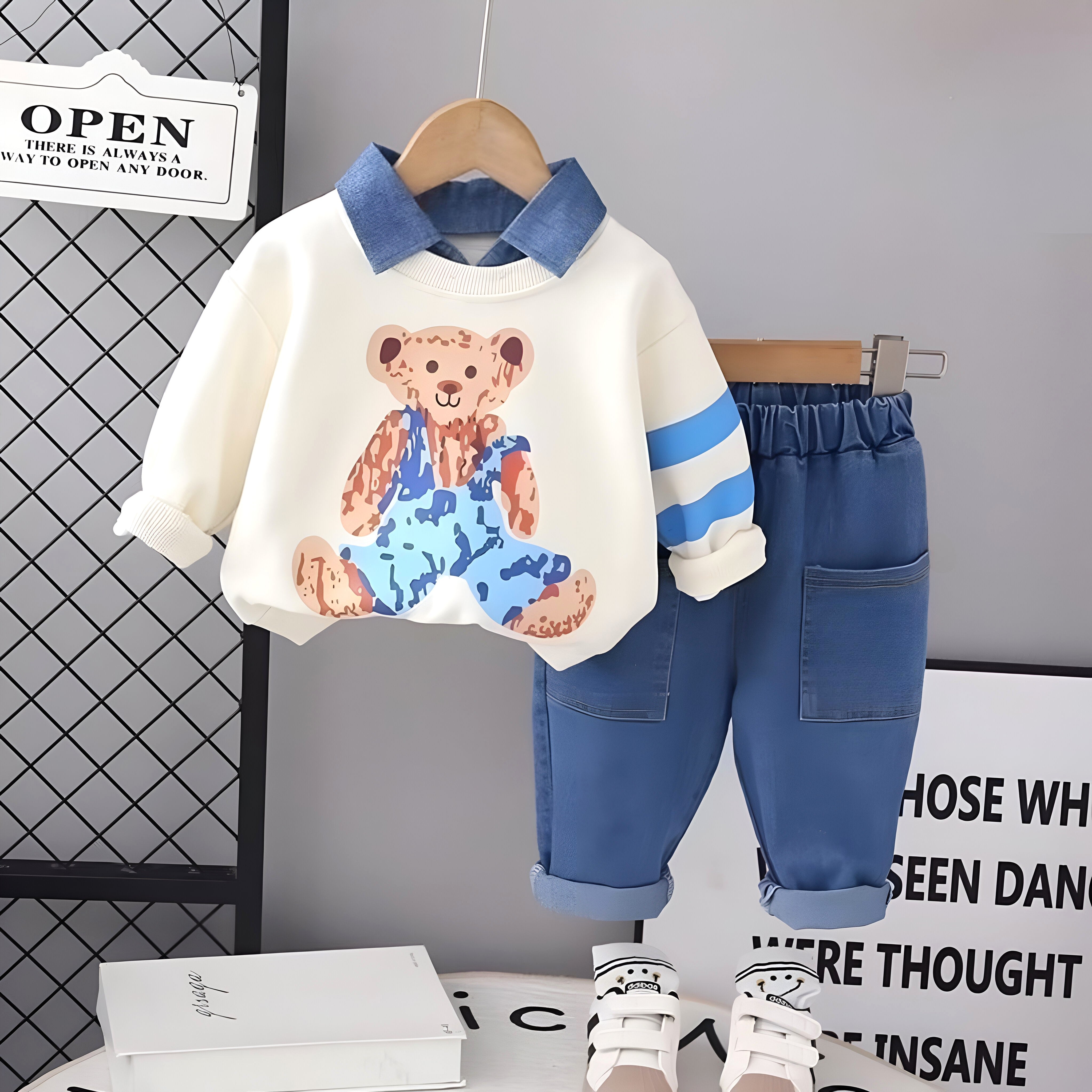 Boy's Light WInter Teddy Printed Sweatshirt & Denim Pants Set