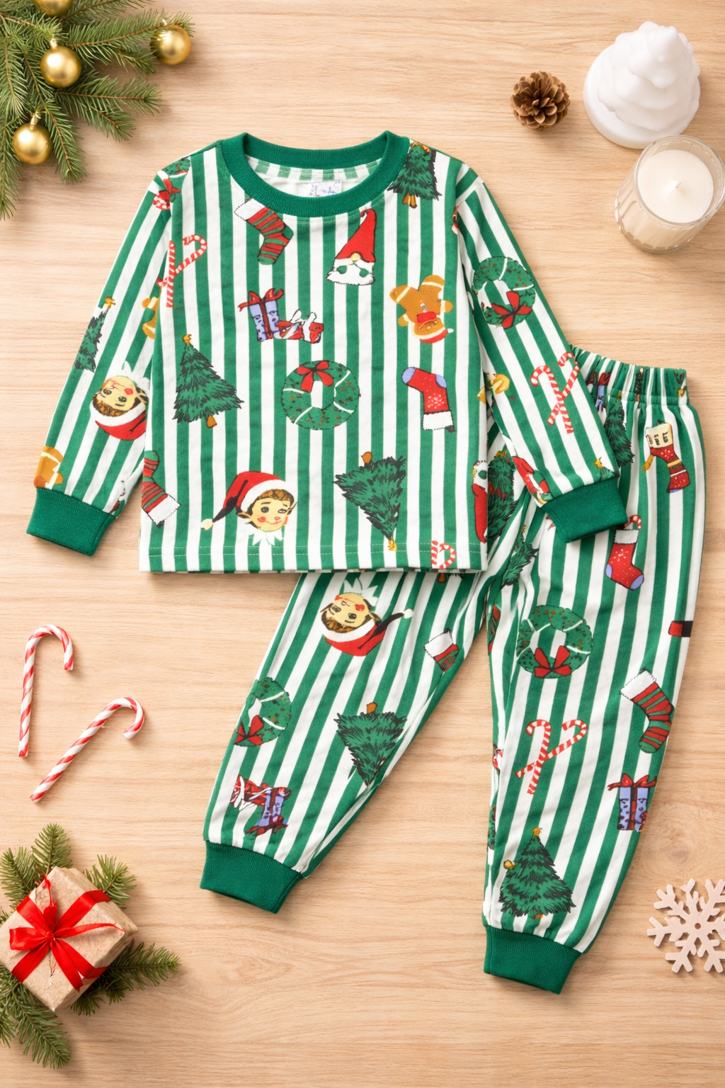 Boy's Cotton Christmas & Dino Sweatshirt With Joggers Set - Green & White