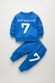 Boy's Cotton Knit Light Winter Text Printed Sweatshirt With Joggers Pant Set - Royal