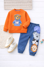 Boy's Cotton Teddy & Dog Printed Sweatshirt With Jeans Set - Orange & Cream