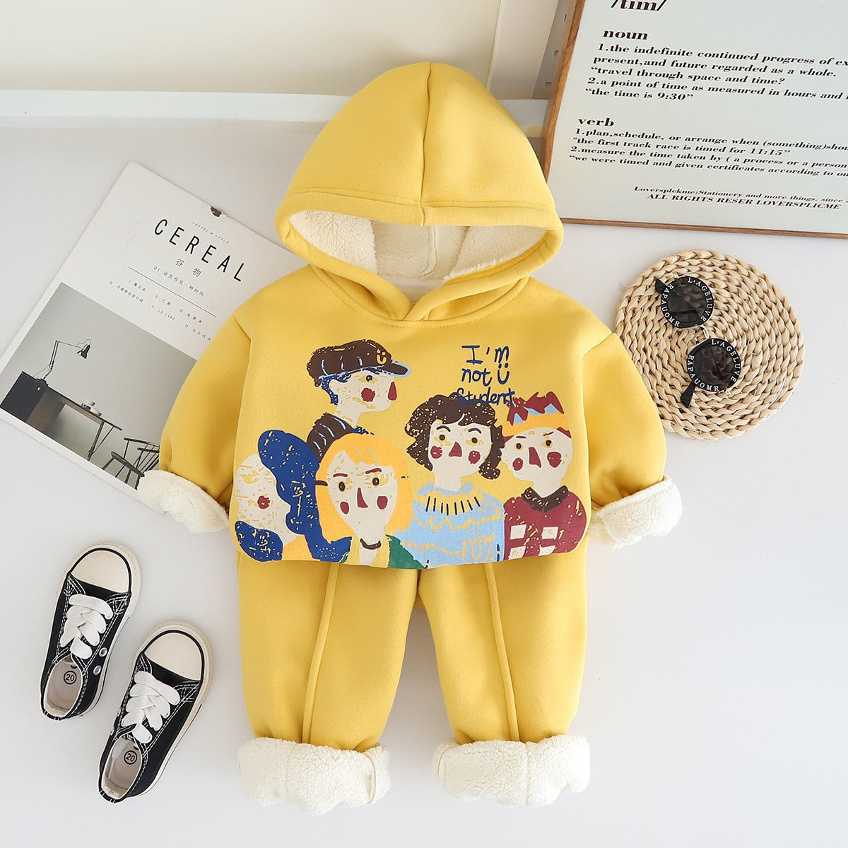 Boy's Cotton Fleece Winter Kids Printed Sweatshirt With Joggers Set - Yellow