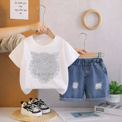 Googo Gaaga Boy's Cotton Tiger Embellished Print T-Shirt & Shorts Set - White