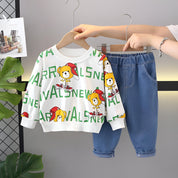Boy's Cotton Knit Light Winter Teddy Printed Sweatshirt With Denim Jeans Pant Set - White