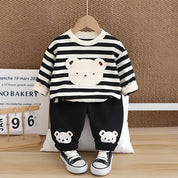 Boy's Cotton Knit Light Winter All Over Stripes Printed and Teddy Applique Sweatshirt With Joggers Pant Set - Black & Creamream