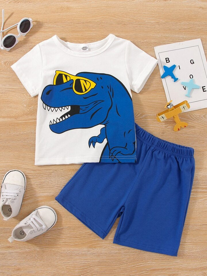 Boy's White Dino Print T-Shirt & Shorts Set