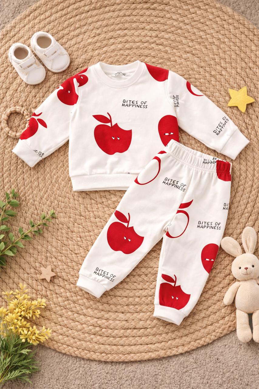Boys Cotton Fleece Full Sleeves  Apple & Elephant Printed Sweatshirt With Joggers Set Pack of 2