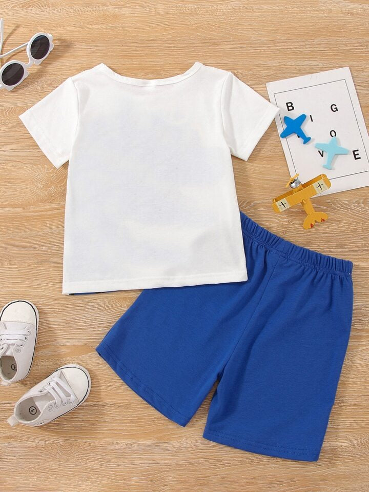 Boy's Cotton Half Sleeves Printed T-Shirt with Shorts Set in White (BlueDinoShort)