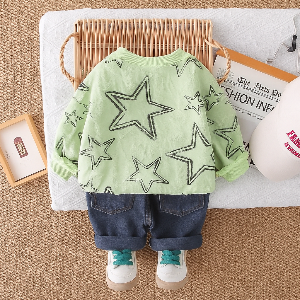 Boys Cotton Knit Full Sleeves Rainbow & Stars Printed Sweatshirt With Pant Pack of 2 - Red & Green