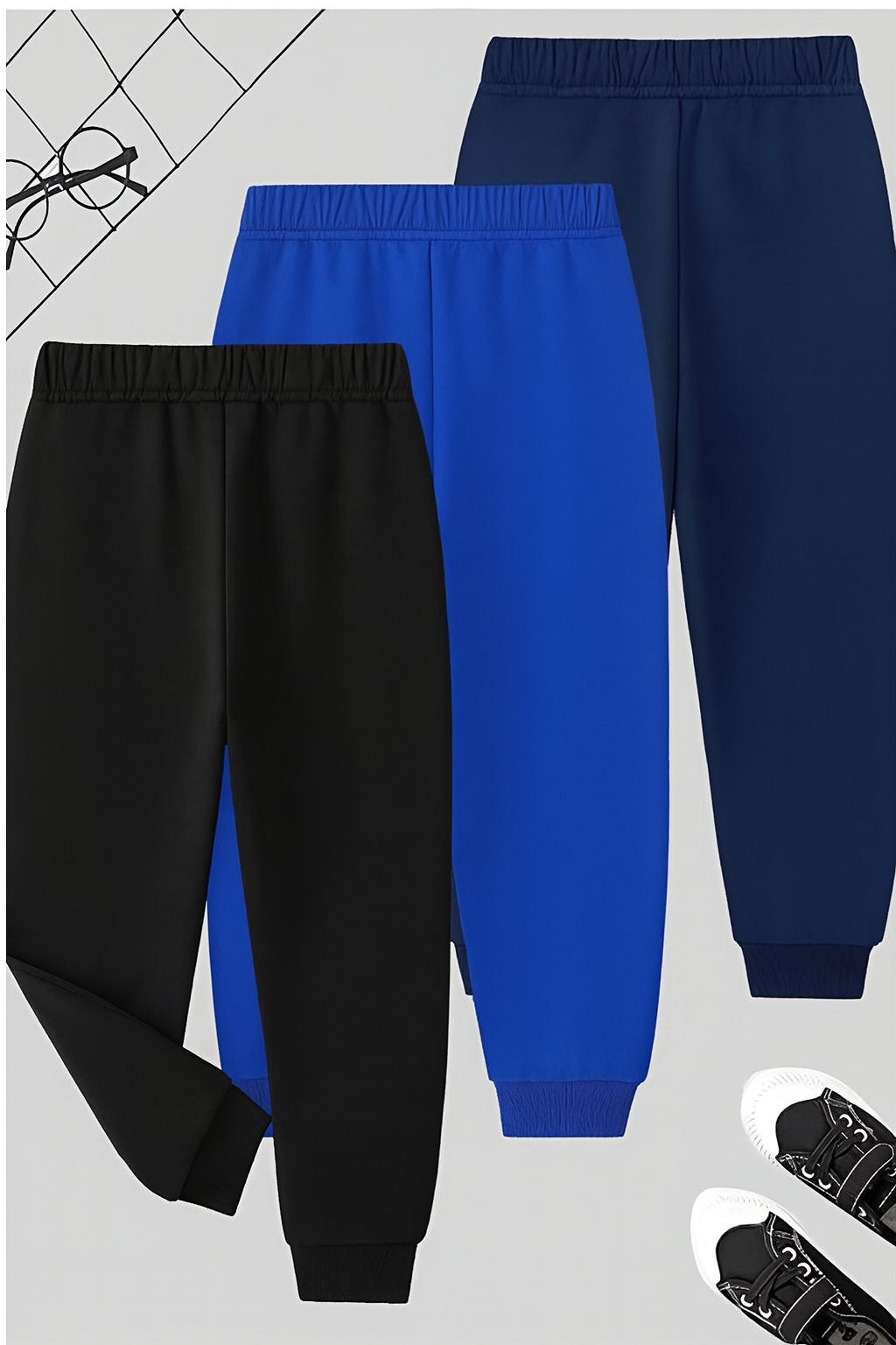 Boy's Cotton Knit Text Printed Joggers Set Pack of 3 - Black, Blue & Navy Blue
