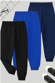 Boy's Cotton Knit Text Printed Joggers Set Pack of 3 - Black, Blue & Navy Blue