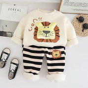 Boy's Cotton Fleece Winter Dog Patch Sweatshirt With Joggers Set - Cream