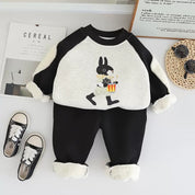Boy's Cotton Fleece Winter Rabbit Printed Sweatshirt With Joggers Set - Cream