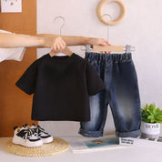 Boy's Cotton Camera Print T-Shirt & Denim Pant Set - Black