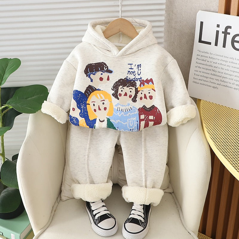 Boy's Cotton Fleece Winter Kids Printed Sweatshirt With Joggers Set - Cream