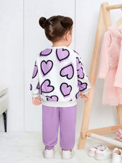 Girl's Cotton Knit Light Winter All Over Heart Printed Sweatshirt With Joggers Pant Set - Lilac