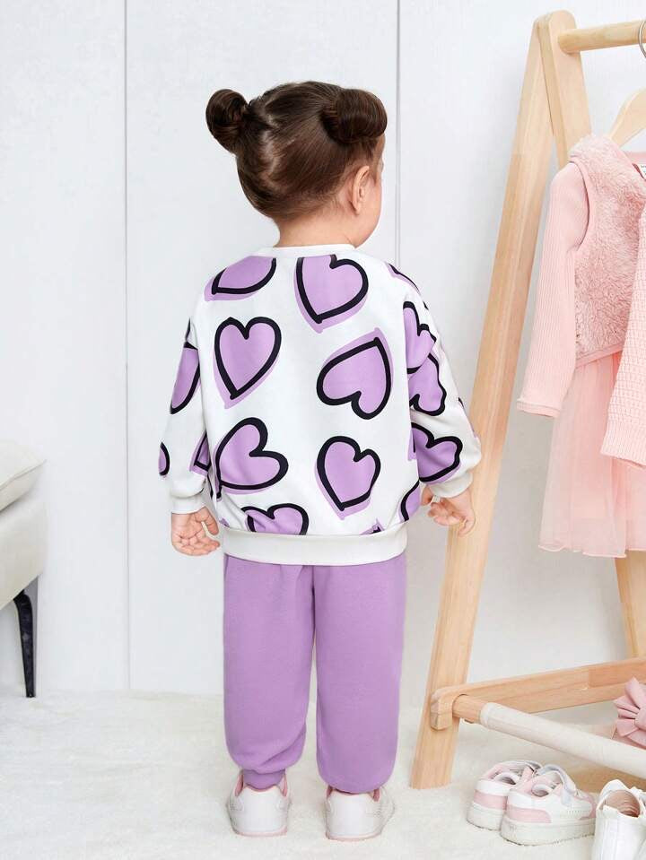 Girl's Cotton Knit Light Winter All Over Heart Printed Sweatshirt With Joggers Pant Set - Lilac