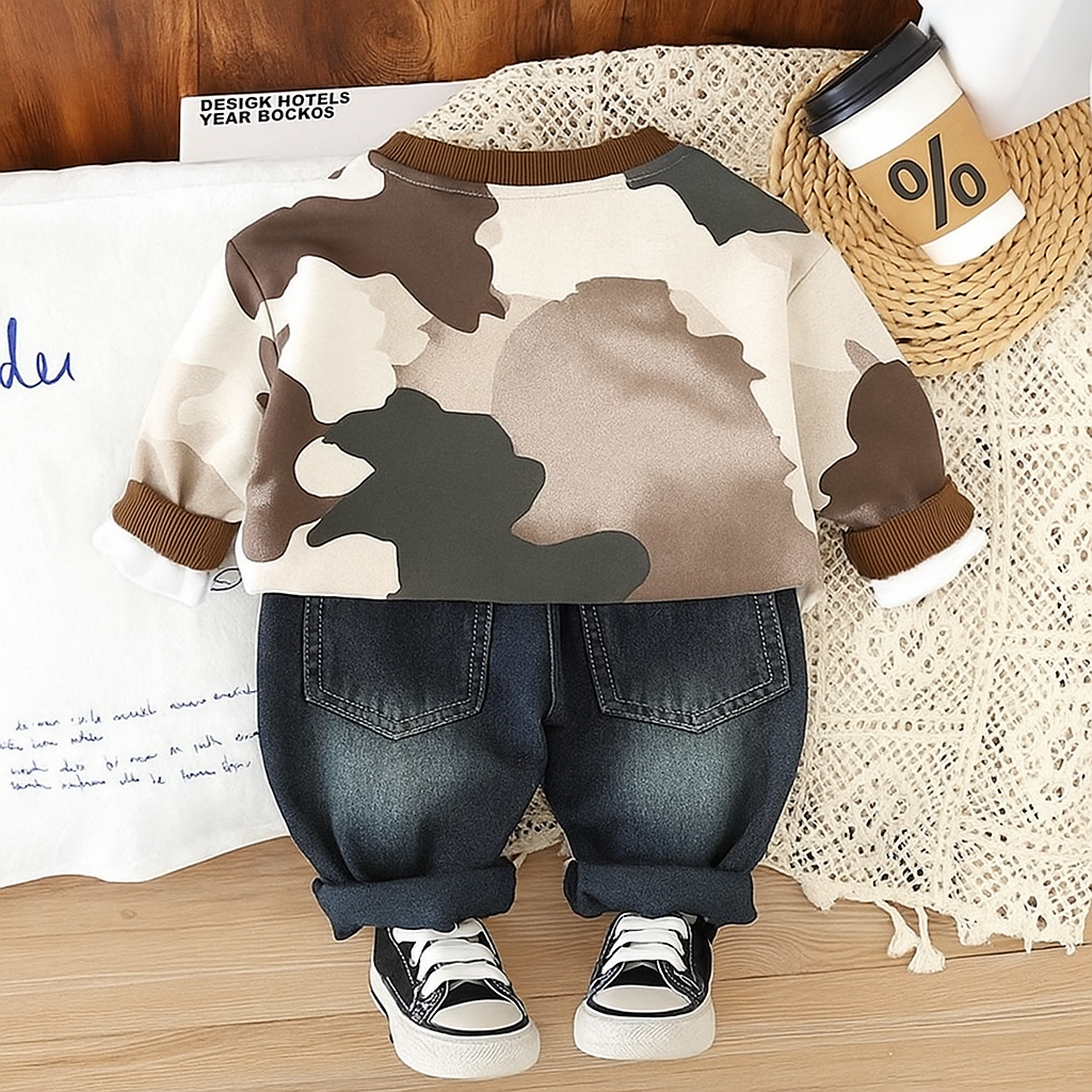 Boy's Light Winter Cotton Knit All Over Camouflage Printed Sweatshirt With Jeans Set - Brown