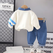 Boy's Light WInter Teddy Printed Sweatshirt & Denim Pants Set