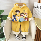 Boy's Cotton Fleece Winter Kids Printed Sweatshirt With Joggers Set - Yellow