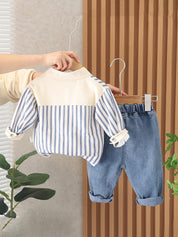 Boys Woven Stripes Printed Collared Neck Full Sleeves Shirt and Denim Pant Set - Cream