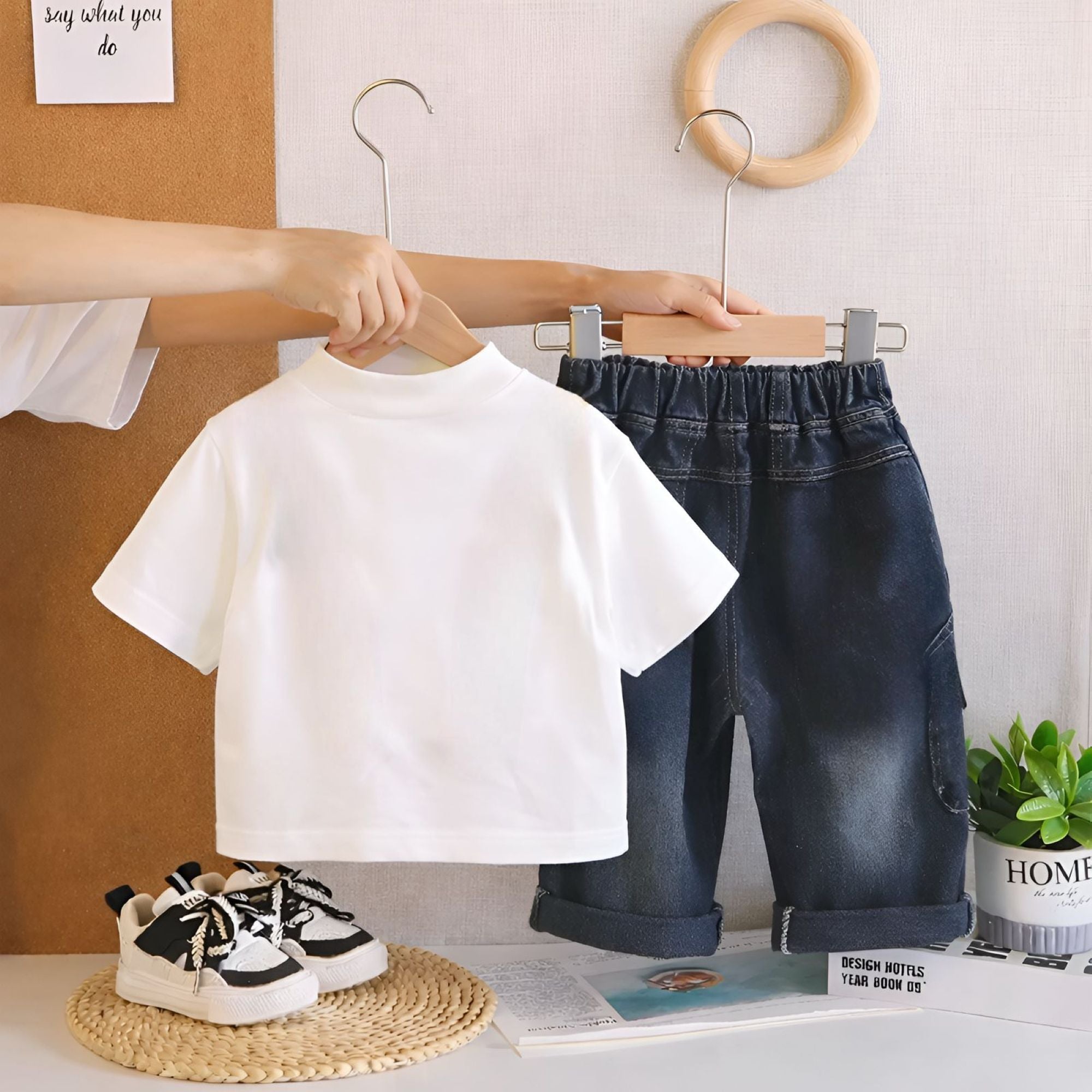 Boy's Cotton Camera Print T-Shirt & Denim Pant Set - White